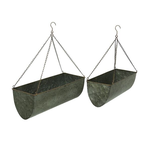 Galvanized Metal Set of 2 Indoor/Outdoor Hanging Trough Planters - Picture 1 of 3